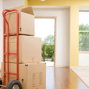 Boxes stacked on cart in empty condo